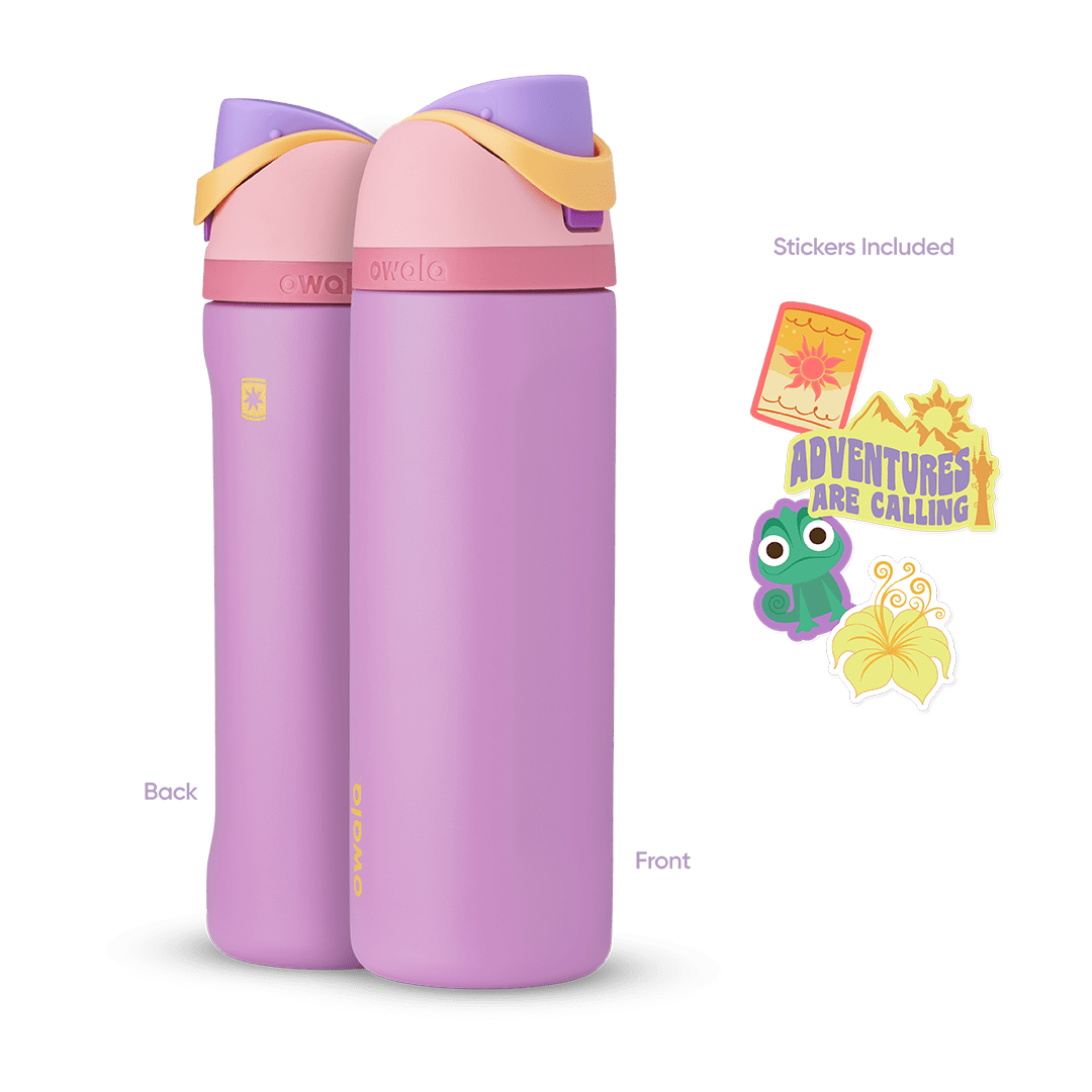 FreeSip 24oz in Rapunzel, lavender purple insulated bottle with light pink flip cap, purple lid, pink accent band, and yellow carry loop, shown front and back with included sun tower, "Adventures Are Calling" mountain, Pascal chameleon, and yellow flower stickers